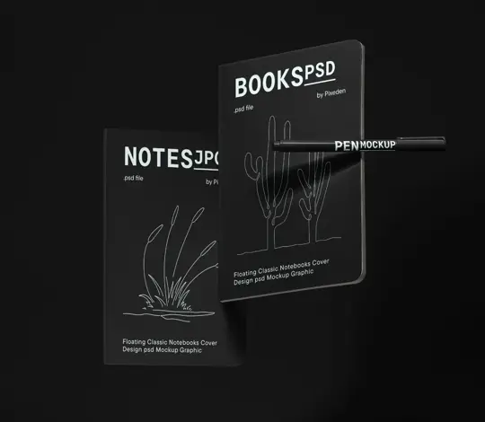 Floating Classic Notebooks Cover Design PSD Mockup