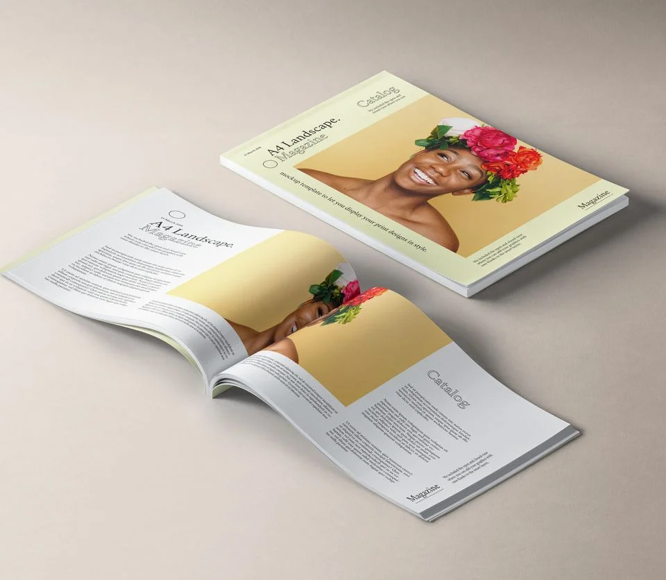 A4 Landscape Magazine Mockup Scene, Free PSD