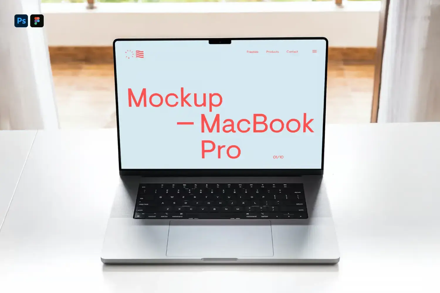 Free MacBook Pro on White Table Mockup