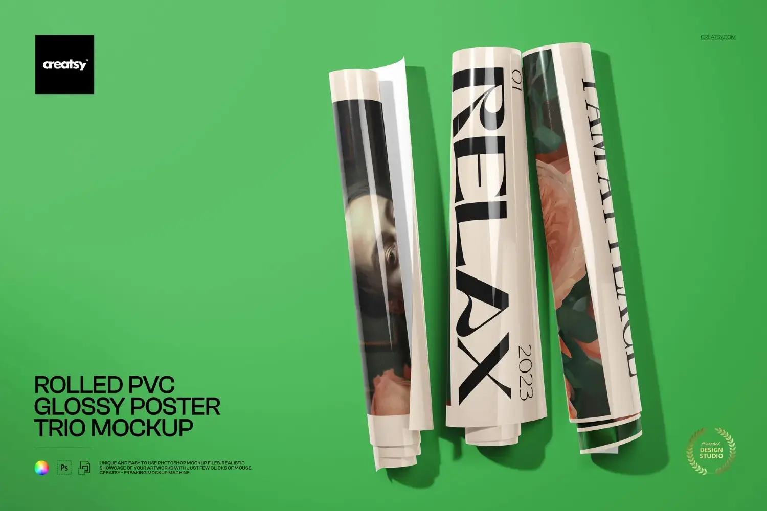 Pvc Mockup Rolled Glossy PVC Poster Trio Advertising PSD Mockup